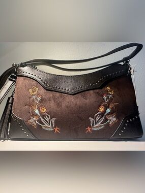 Sam & Hadley Embroidered Brown Suede Shoulder Bag NWT